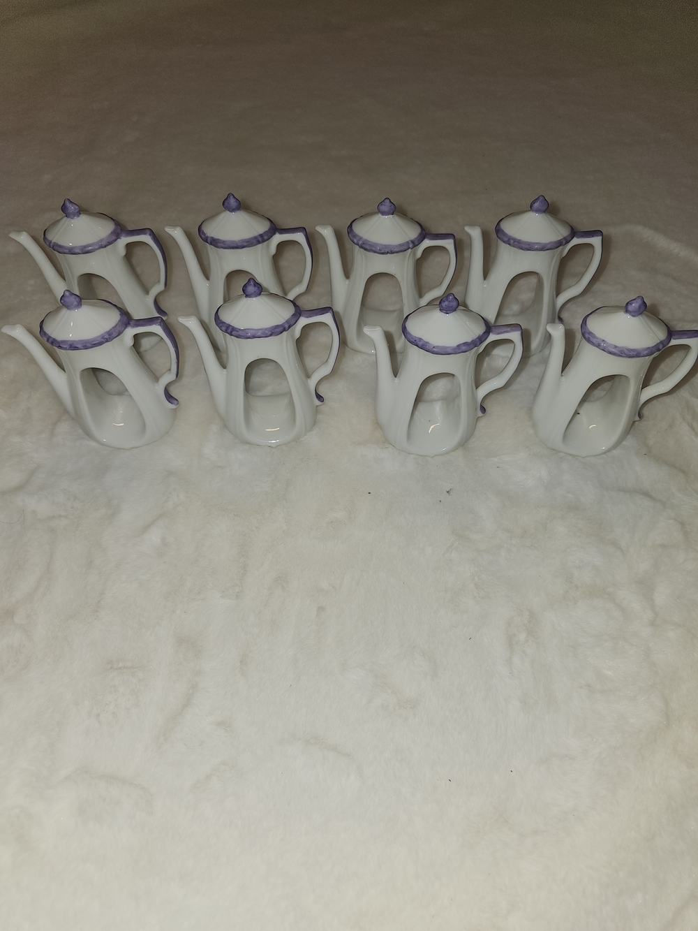 Vintage Mini Porcelain Teapot Napkin Ring Set with Lavender Trim (Set Of 8
